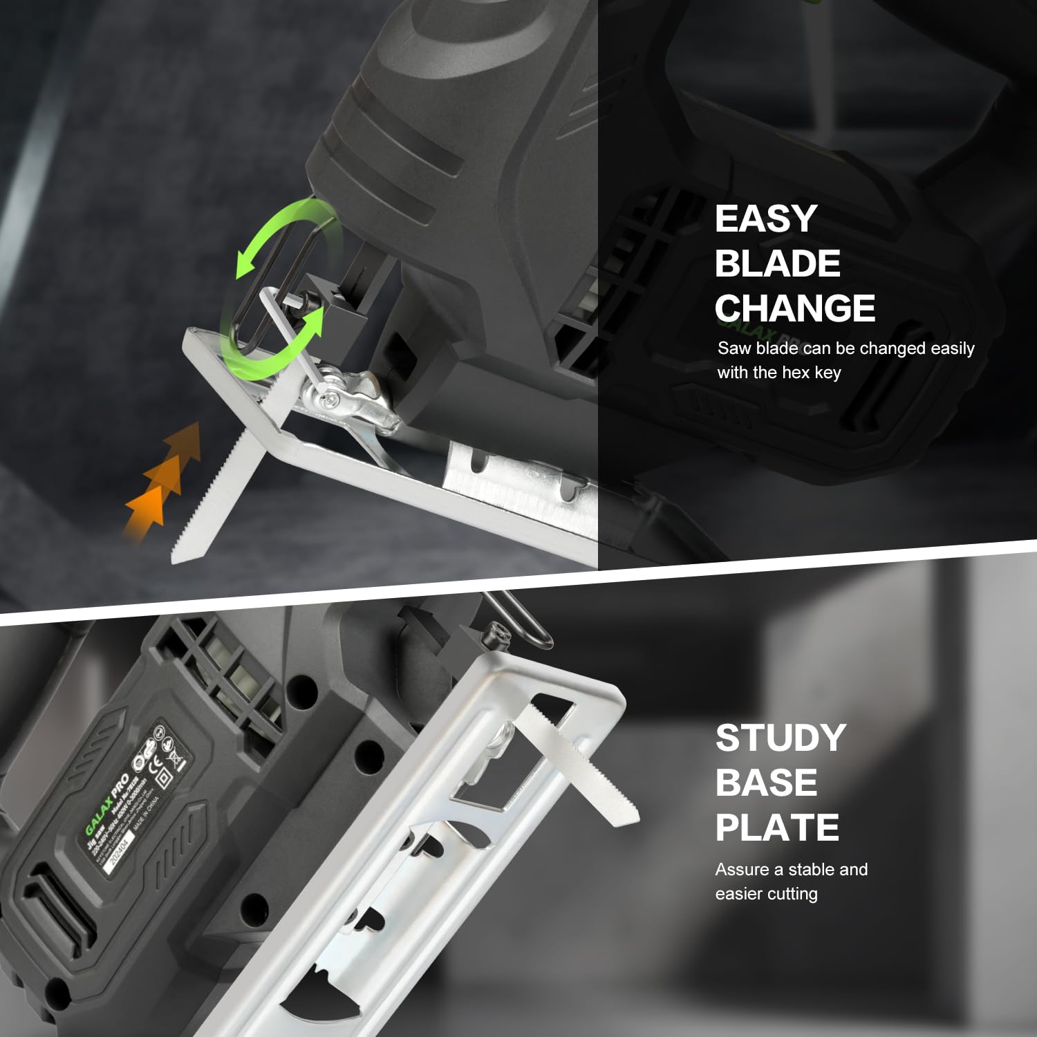 GALAX PRO 400W Variable Speed Jigsaw, 3000 SPM, 45° Bevel Cutting, Lock-on Button, Includes Blades for Wood and Metal