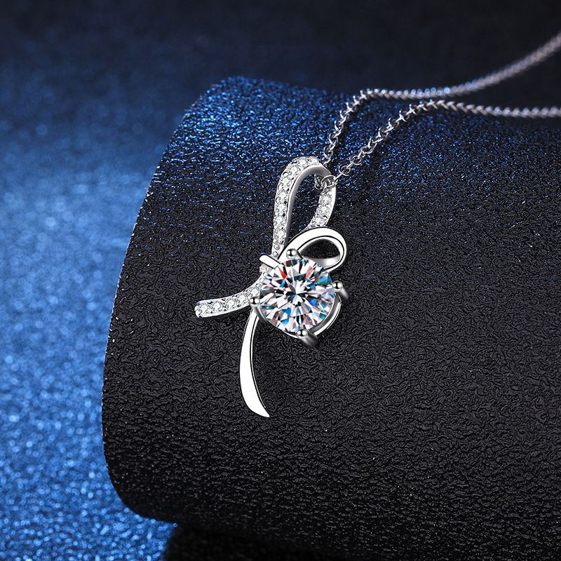 S925 Sterling Silver Moissanite Necklace with 1ct D-Color Moissanite Pendant, Elegant Butterfly Knot Design, Platinum Plated Jewelry for Women