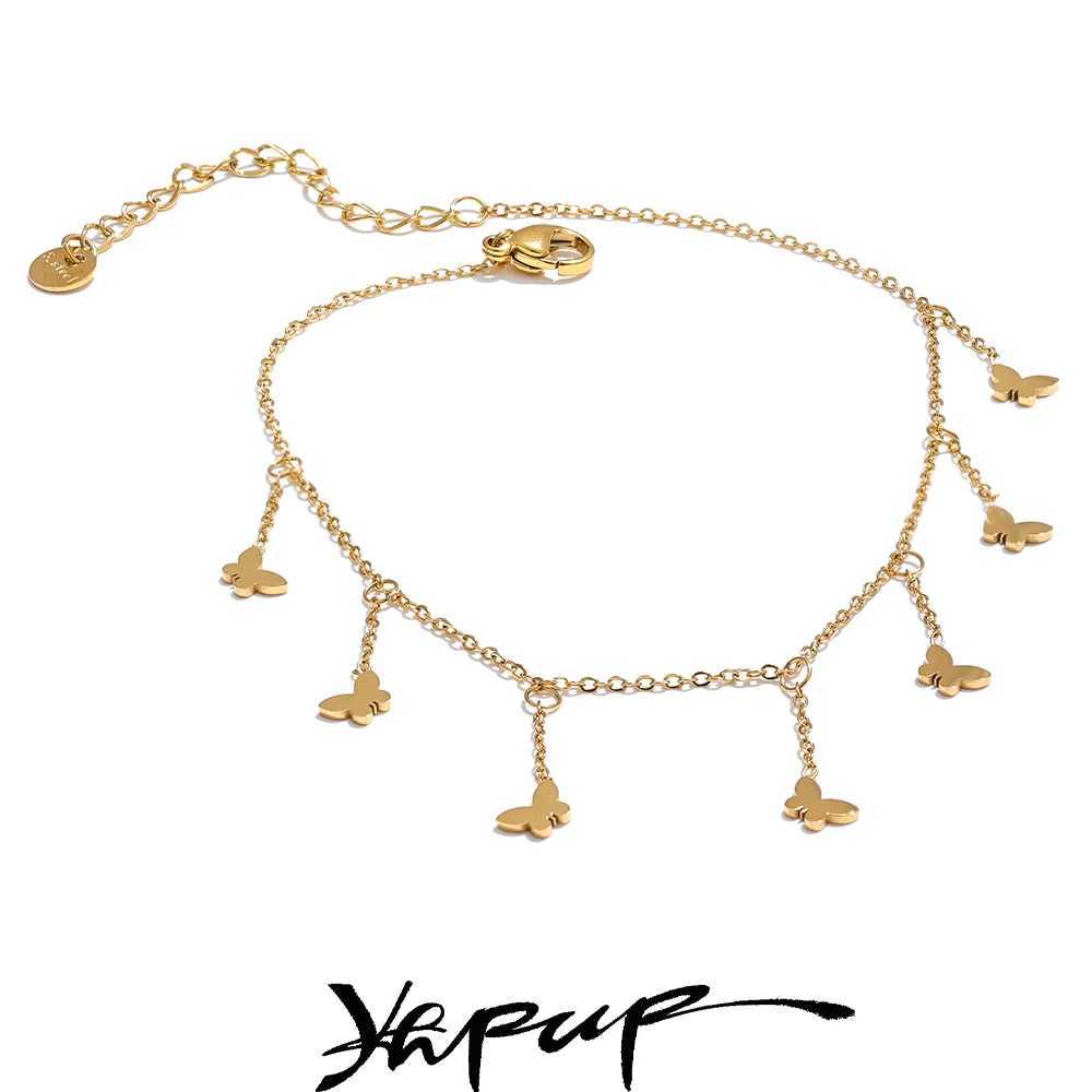 Yhpup Trendy Stainless Steel Butterfly Chain Drop Foot Anklet for Women 18K PVD Plated Summer Beach Charm Jewelry Accessories W250604