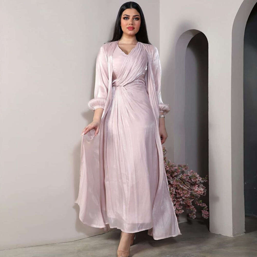 Mq056 Modest Shiny Silk Dress Dubai Turkish Robe Fashion Abaya Soft Two-Piece Set B5