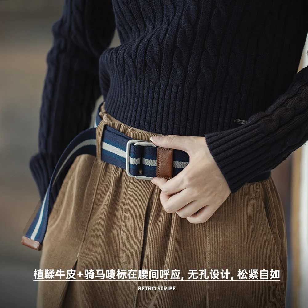 Maden Womens No-hole Blue and White Colorblocking Belts Double Ring Buckle Belt Retro Striped Woven Canvas Elastic Belt W250604