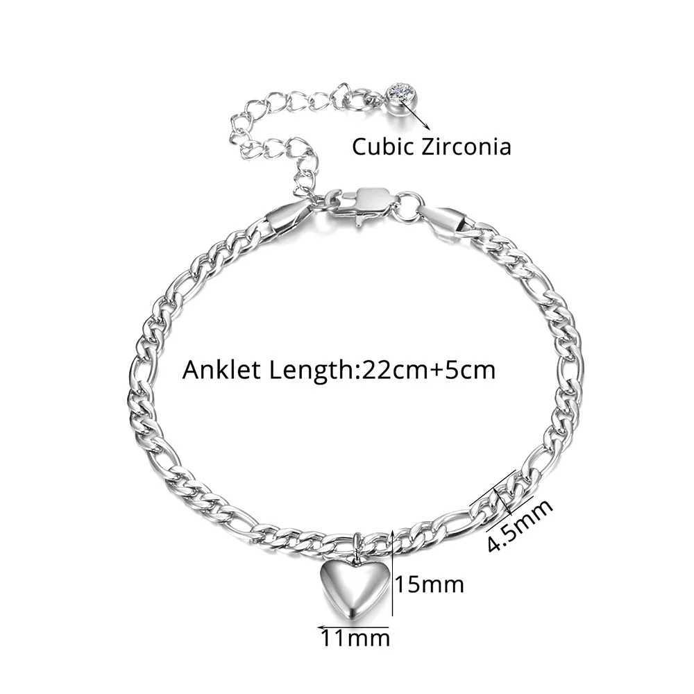 4.5mm Figaro Chain Anklet Silver Color Stainless Steel Heart Charm Leg Foot Ankle Bracelet for Women Summer Beach Jewelry Gift W250604