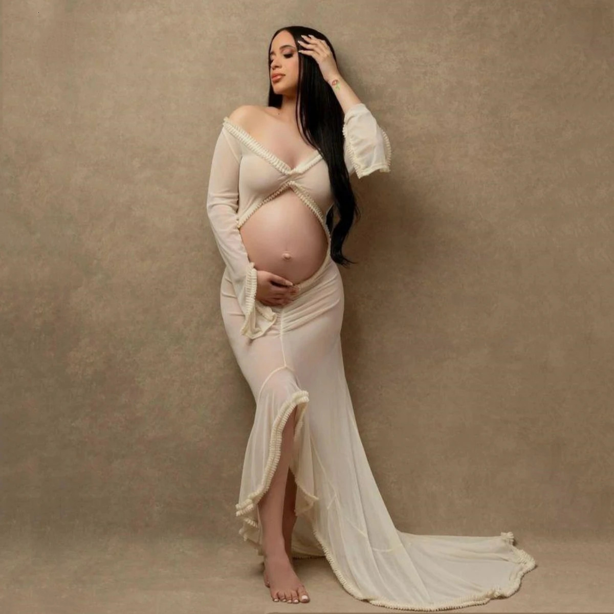 Hollow Out Tulle Maternity Poshoot Dress Stretchy Tulle Pregnant Woman Pography Memaid Dress Long Train 250530