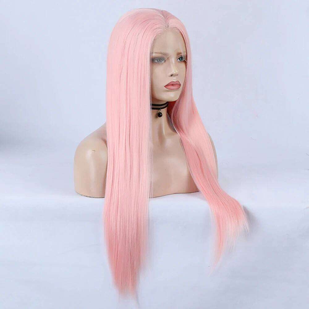 Light Straight Women Cosplay Synthetic Wig Silk Long Bubble Heat Fiber Lace Front Wigs Pink Fashion Hair