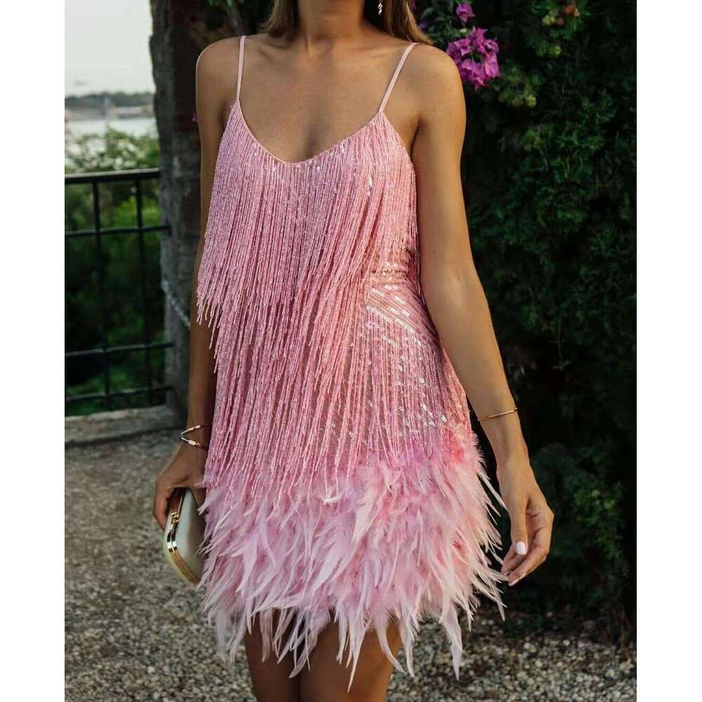 Summer New Fashion Tassel Sequin Feather Patchwork Color Dress For Women B5