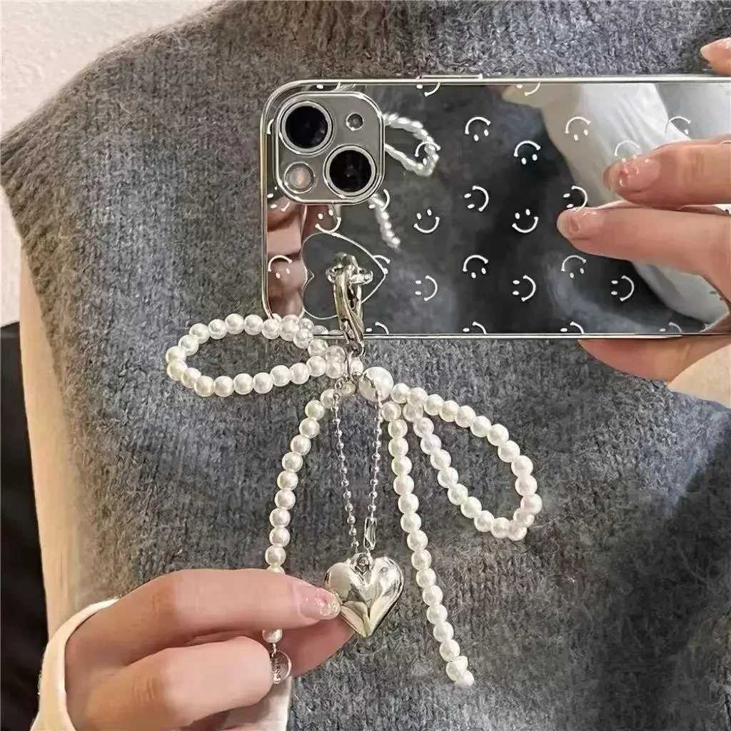 White Bowknot Heart Keychain Women Korean Sweet Charm Pearl Bow Backpack Key Ring Handmade Jewelry Ornament Bags Pendants Gifts W250604
