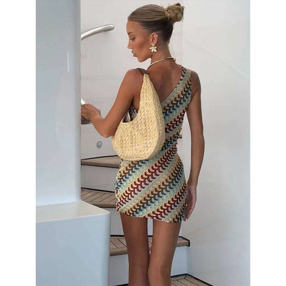 Irregular Printed Knitted Mini Dress For Women Chic Backless Slanted Shoulder Slim Fit Dresses 2025 Summer Holiday Beach Robes