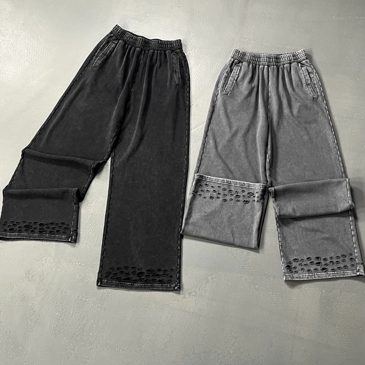 Autumn/Winter Black Gray Washed Baggy Street Sweatpants Hip Hop Raw Edges Cut Crush Loose Distressed Wide Leg Joggers Men 250603