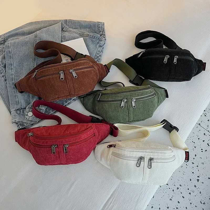 Black Waist Bag Big Corduroy Fanny Pack Womens Purse Casual Large Phone Belt Bag Multi Zipper Pocket Travel Crossbody Bag W250604