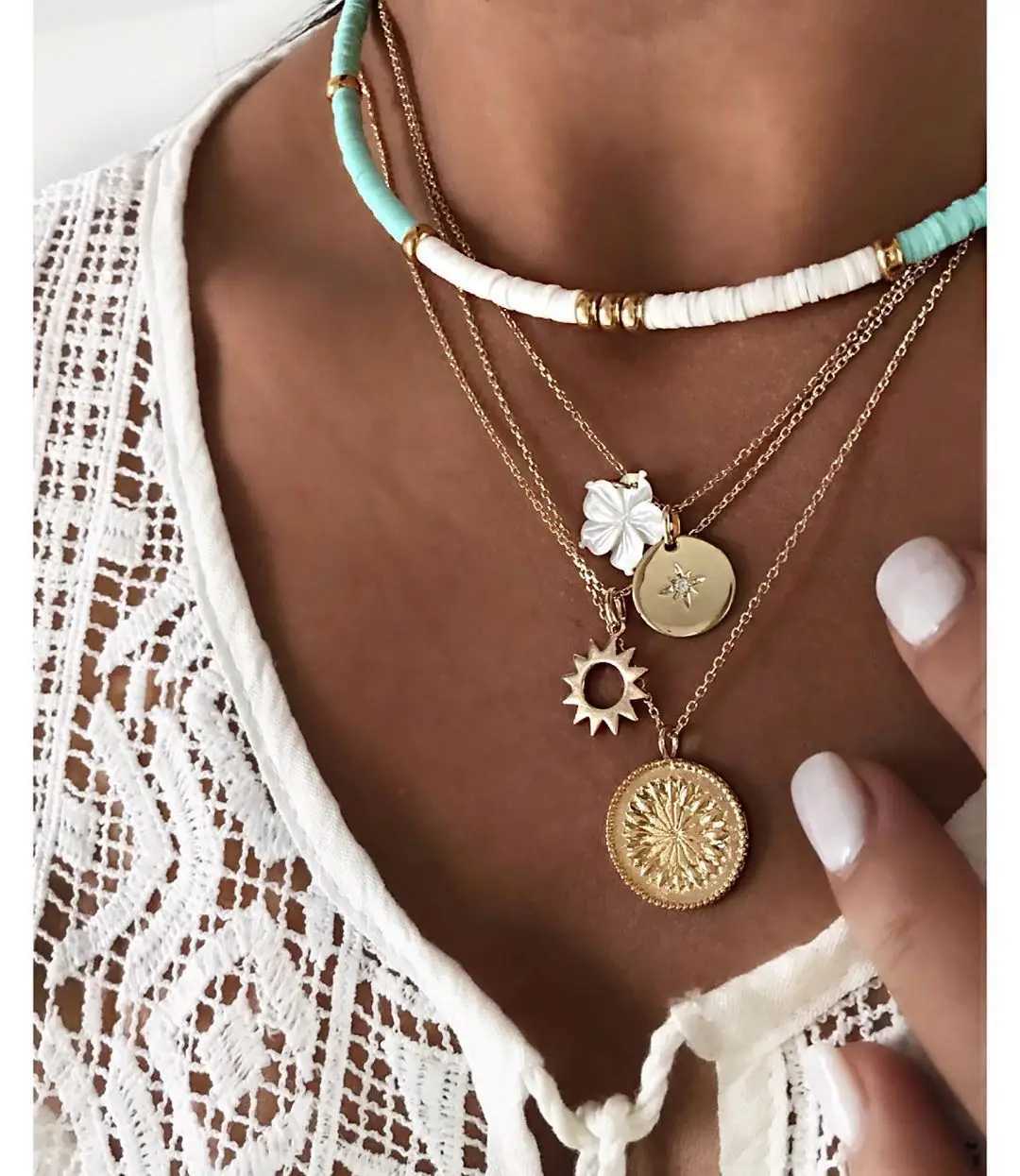 Fashion New Bohemia Soft Clay Shell Star Sun Pendant Chain Layered Necklace for Women Girls Summer Beach Simple Layered Necklace XJ250604