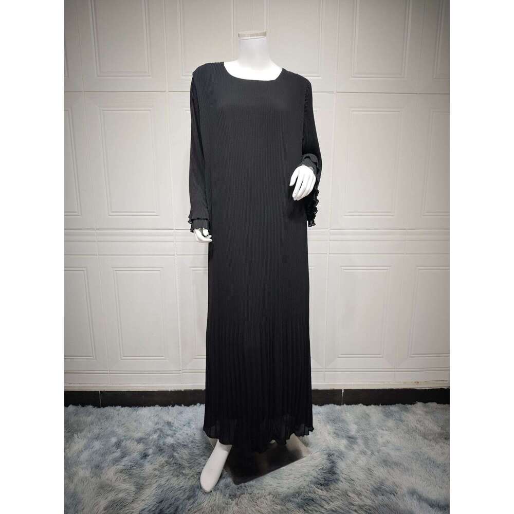 Mq155 Muslim Dubai Pullover Abaya Chiffon Pleated Dress Solid Color Women's Clothing B5