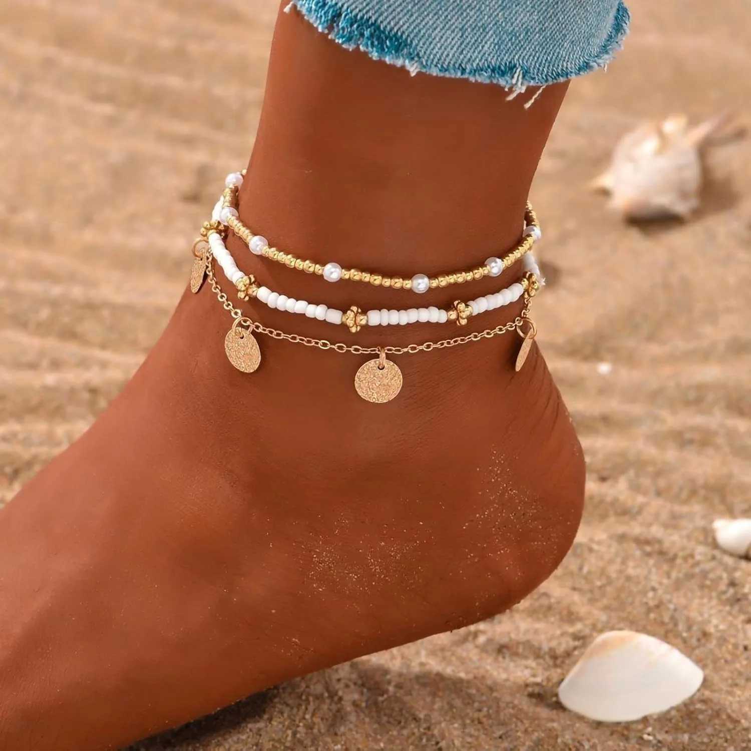 Gold Plated Boho Bead Adjustable Anklet Hawaiian Beach Seashell Pearl Foot Jewelry Gifts Shell Ankle Bracelet Set for Women W250604