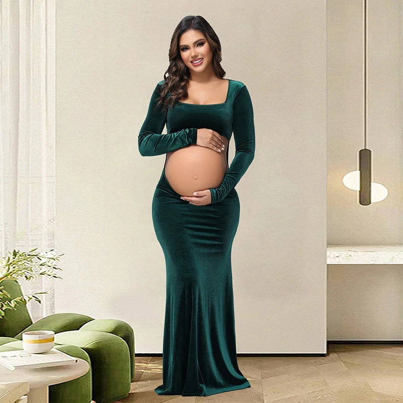Maternity Pography Dress Velvet Sexy Exposed Belly Long Sleeve Backless Square Neck Women Poshoot Dress 250530