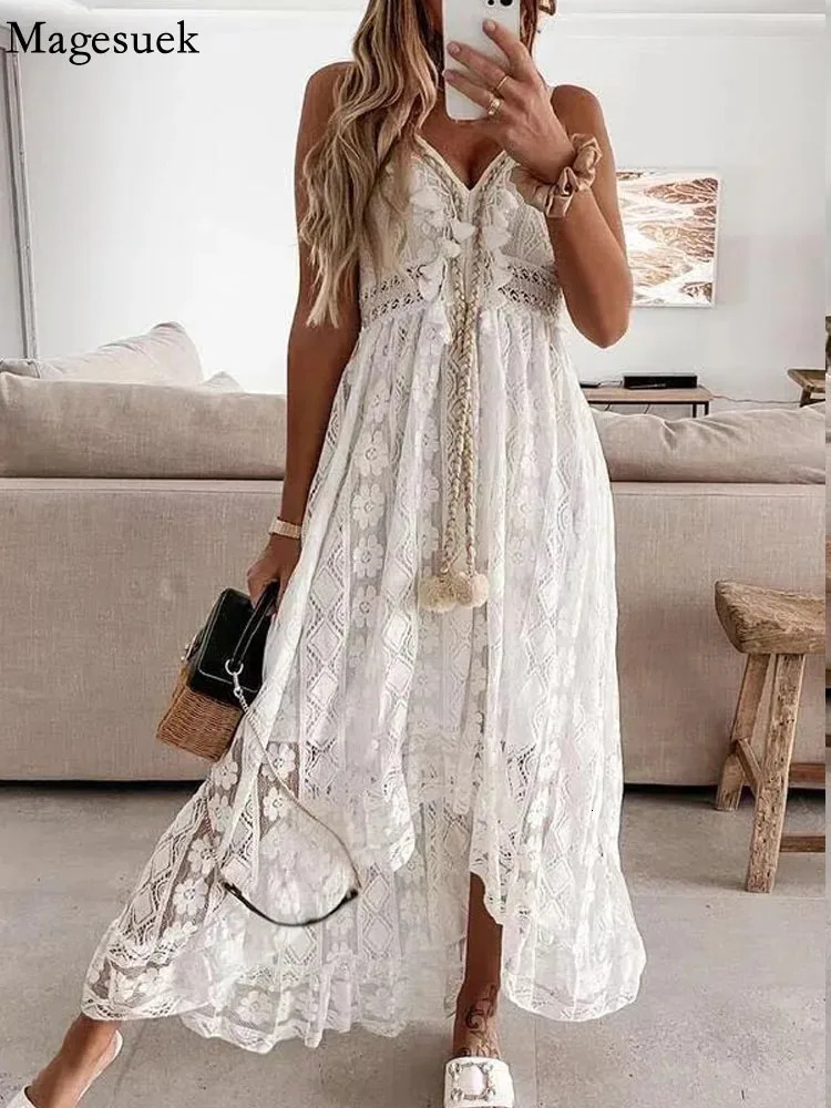 Womens Vneck Slim Shoulder Strap Sun Skirt Hook Flower Hollow Out Elegant Vacation Bohemian Style Lace Dress 22194 250604