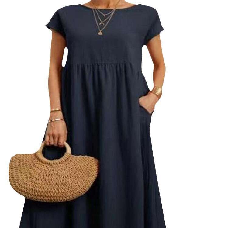 New Solid Color Sleeveless Loose Cotton Linen Pocket Women's Dress B5