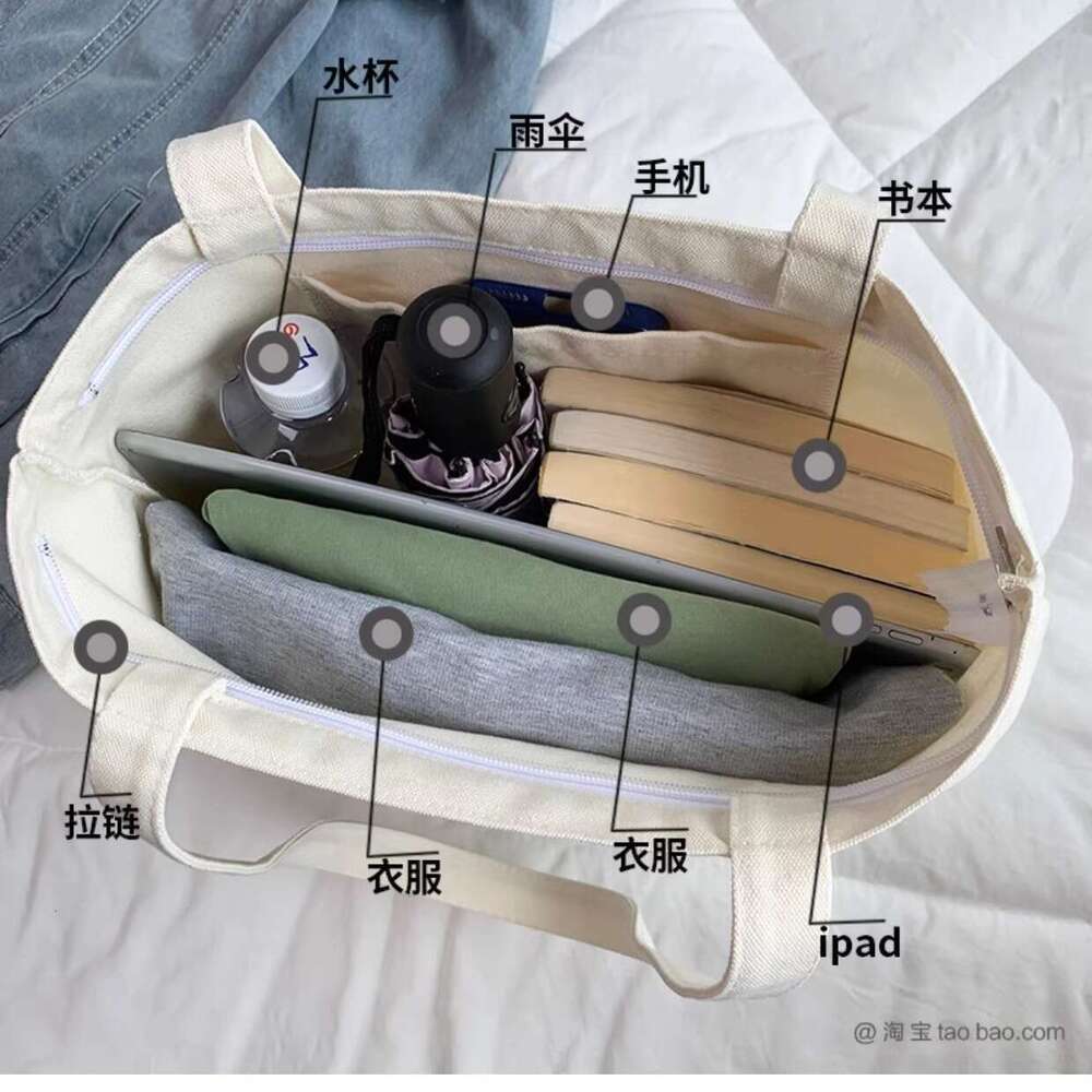 Minimalist Tote for Students, Class Book Bag, Single Shoulder Versatile with Zipper, Commuter Canvas Bag