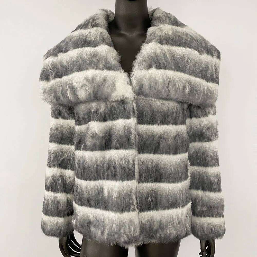 MENINA 2025 New Real Natural Rabbit Long Fur Stripe Winter Jacket Women Thick Warm Elegant Outerwear Streetwear Loose Coat
