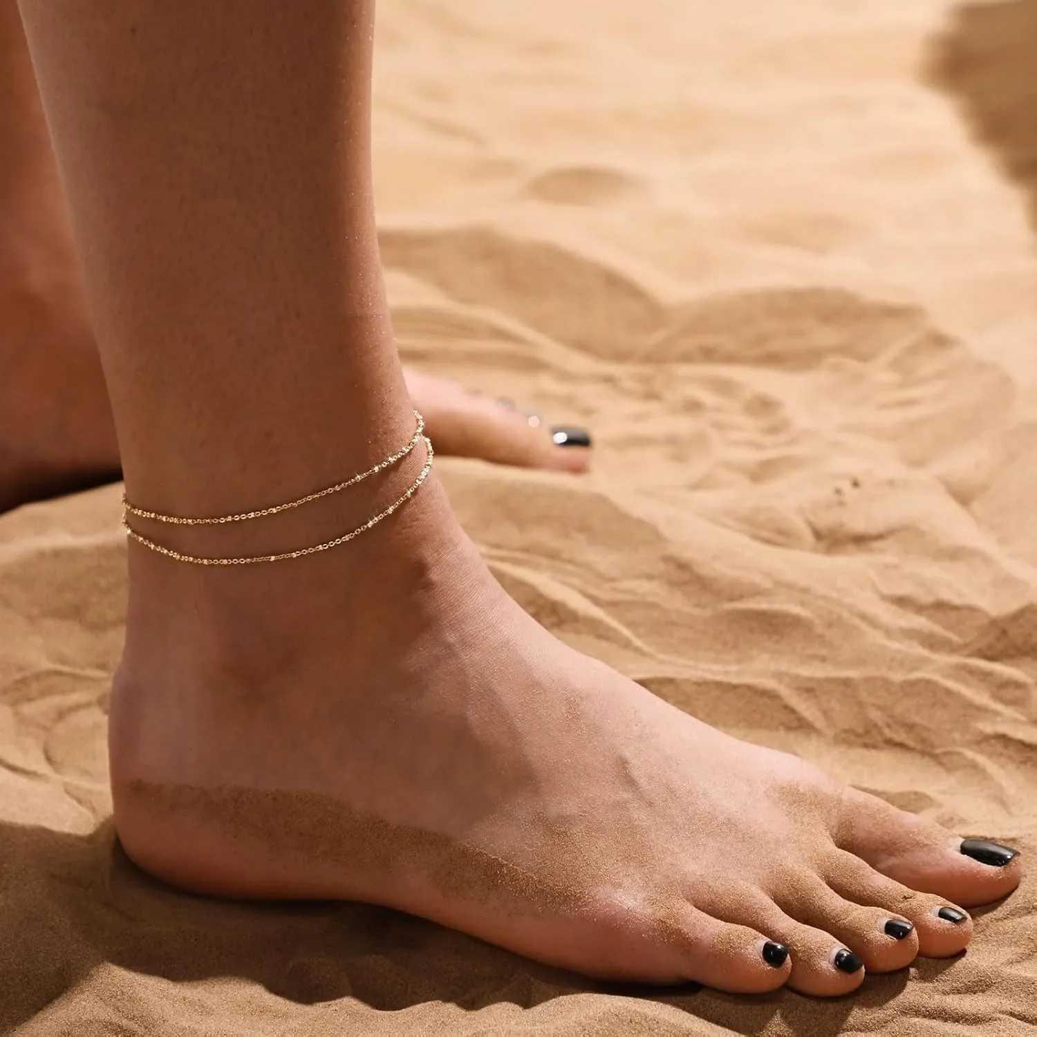 Gold/Silver Ankle Bracelets for Women 14K Gold Anklets for Women Waterproof Beads Anklets Set Layered Anklet Gold Jewelry Gift W250604