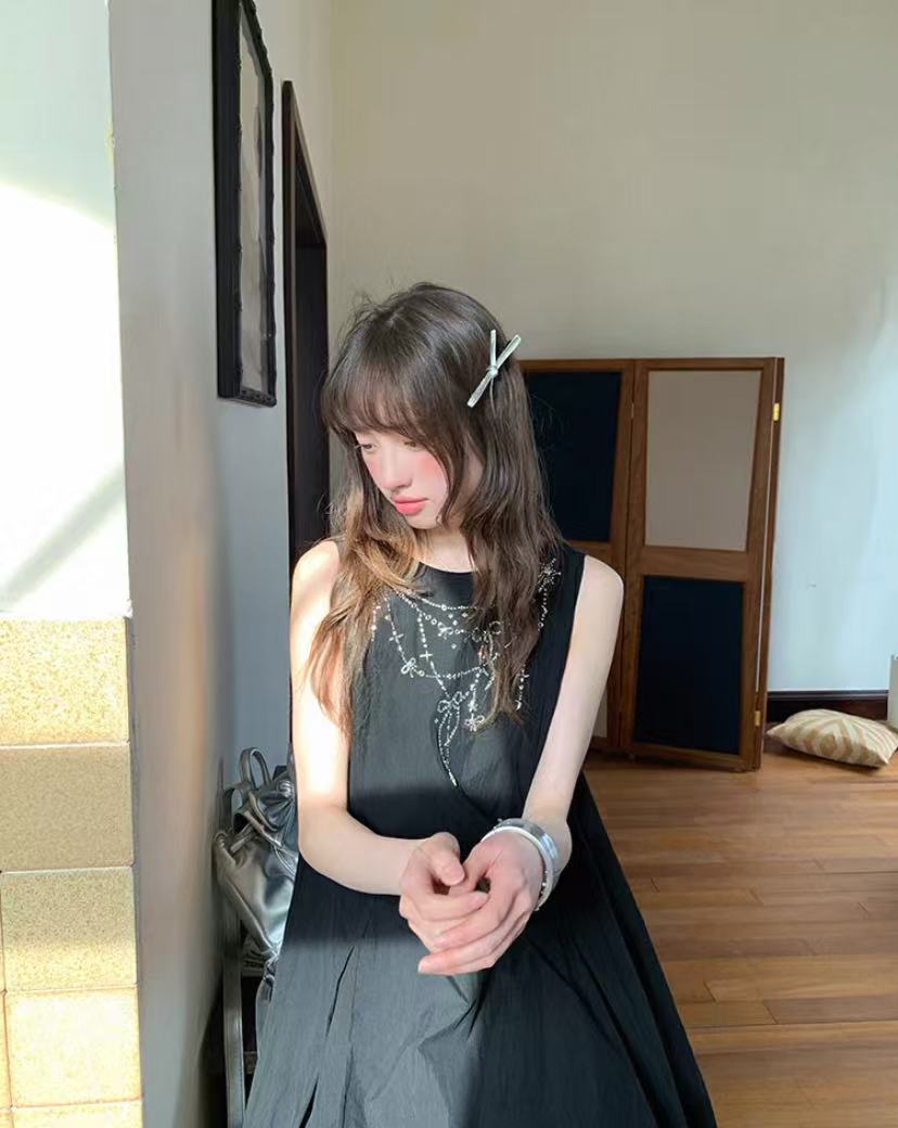 Sweet black flower bud bow dress, summer simple, cute, playful, loose and slim fit dress for women