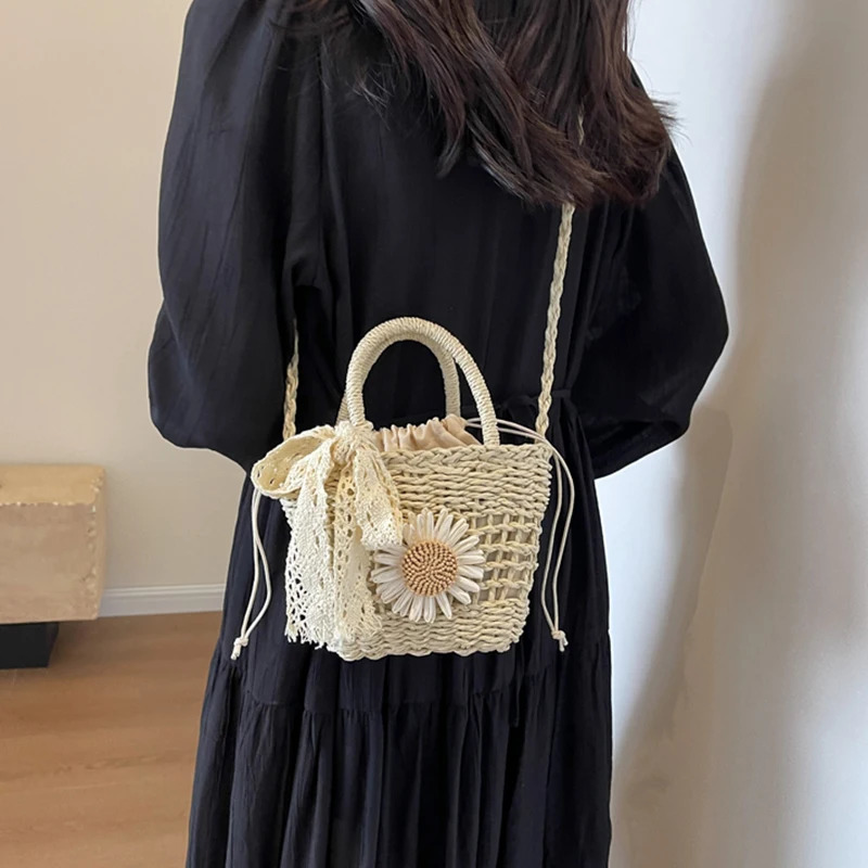 Lace Bow Straw Weave Womens Handbag Casual Crossbody Bag Small Bucket Tote Summer Beach Bag 250530