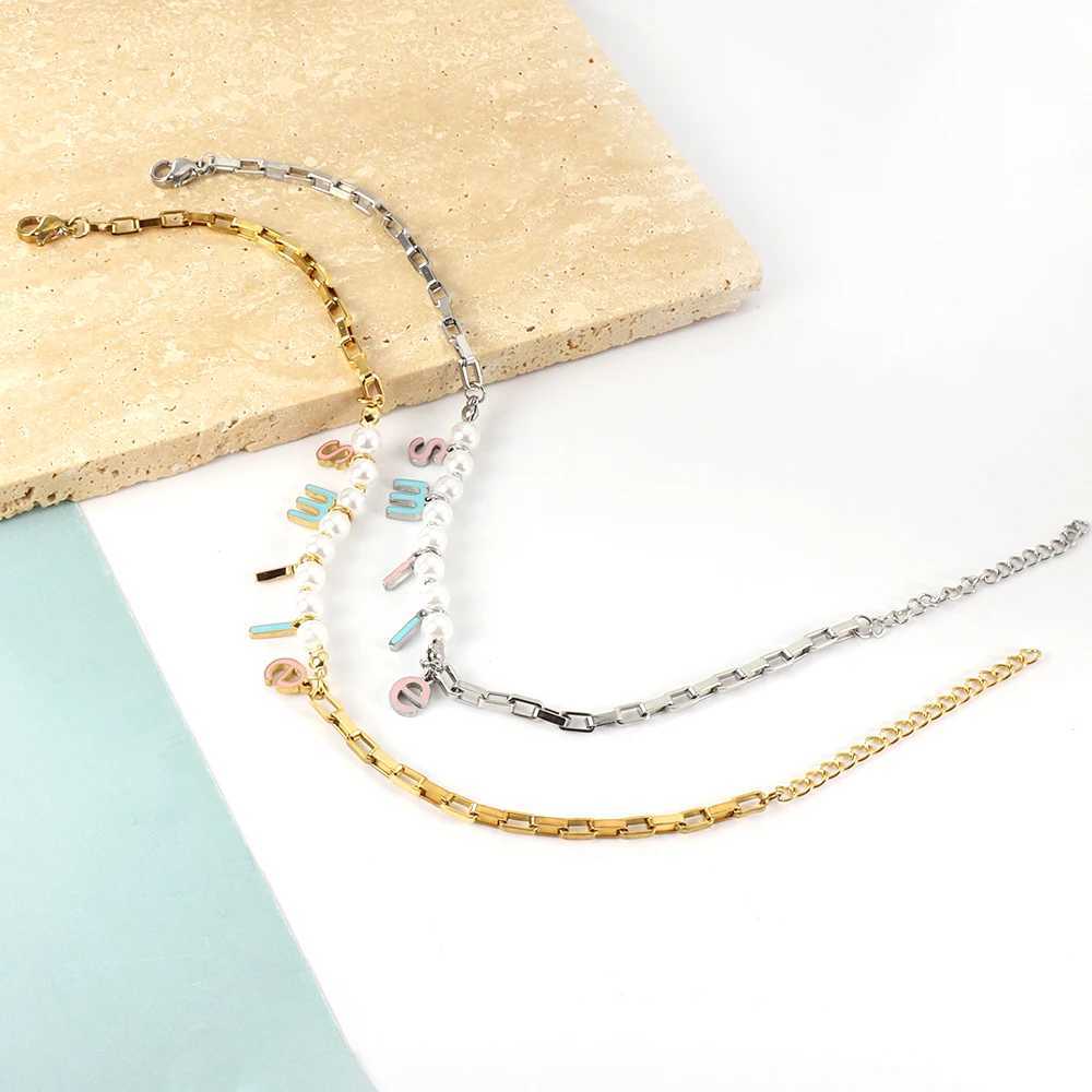 LUXUSTEEL Boho Smile Letter White Pearl Anklet for Women Stainless Steel Cable Chain Summer Beach Bracelet on the Leg Gifts W250604