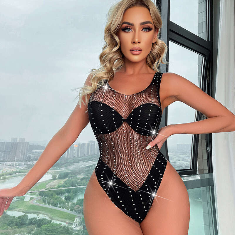 Spell Lingerie Porn Suits Sparkling Rhinestone Vest Sexy Lingerie Sleeveless One Piece Sheer Hollow Out Camisole Mesh Temptation Sexy Lingerie
