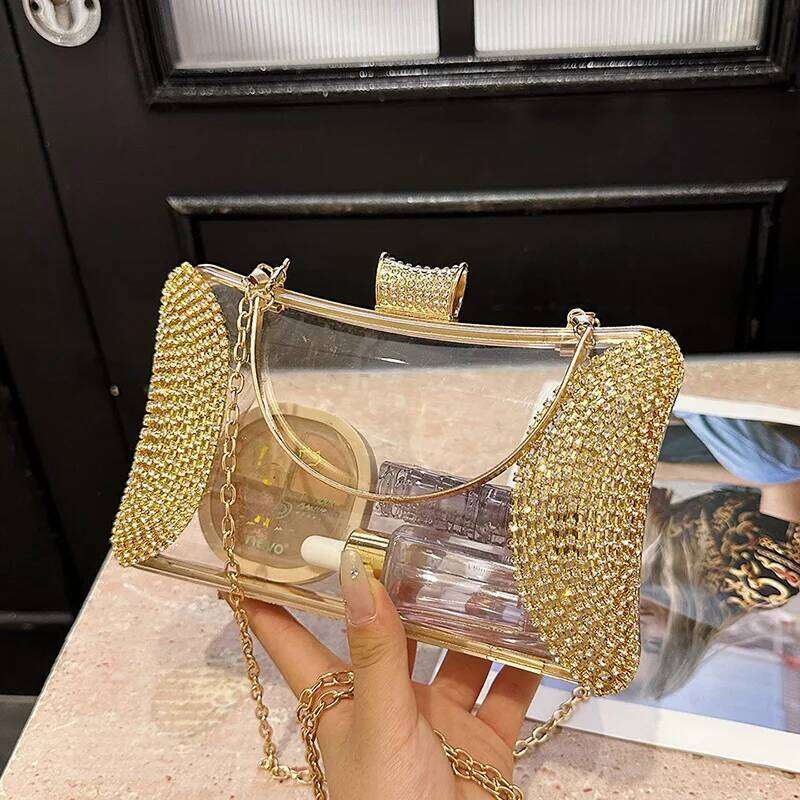 PVC Transparent Shoulder Crossbody Bag Rhinestone Thick Chain Ladies Small Purse And Handbags Fashion Jelly Summer Beach Totes