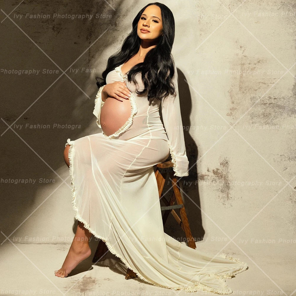 Maternity Dress Gown For Po Shoot Sexy Transparent Ruffle Pregnant Woman Belly Hollowed Out Long Sleeved Baby Shower Dress 250530