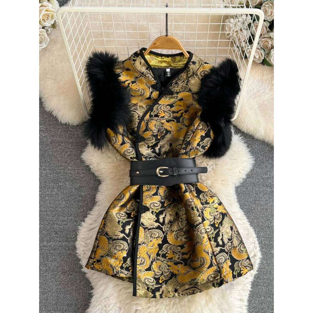 Autumn Dress 2025 Retro Chinese Style Elegant Women'S Dresses Faux Fur Splicing Vest Waist Slim Short A-Line Jacquard Vestidos