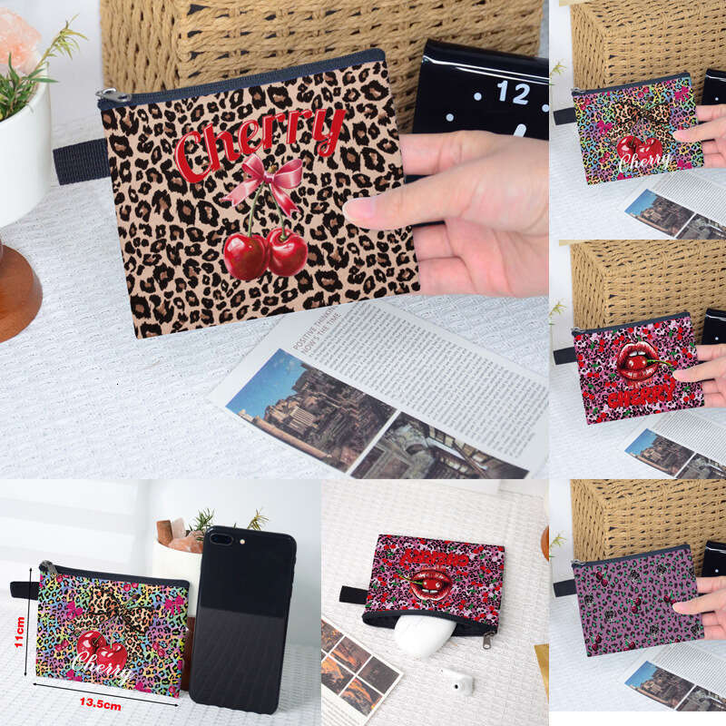Cherry Leopard Print Purse Portable Key Storage Coin Change Card Holder Ins Small Square Bag