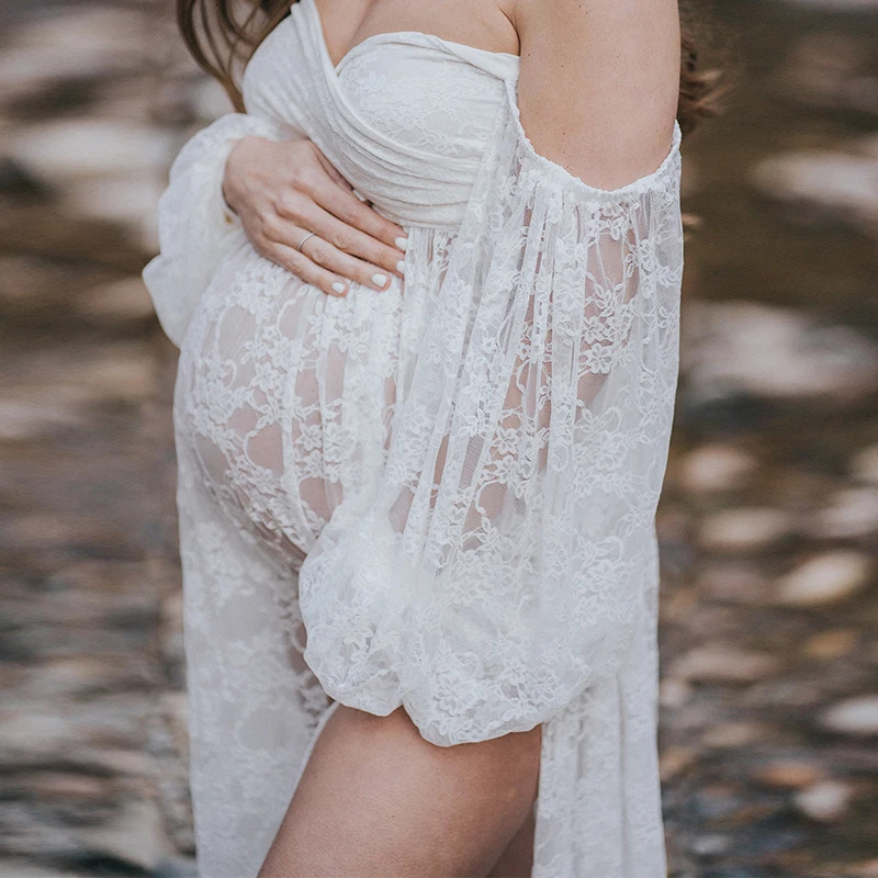 Maternity Dress Soft Stretchy Lace Off Shoulder Doubly Split A line Skirt Pregnancy Maxi Gown for Poshoot 250530