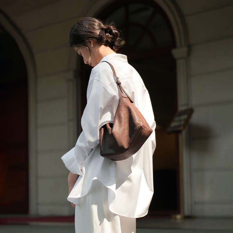 Women's Bags Designer Qiu Zhen Top Layer Vegetable Tanned Underarm Hobo Genuine Leather Casual Versatile Single Shoulder Commuter Dumpling Bag Fo