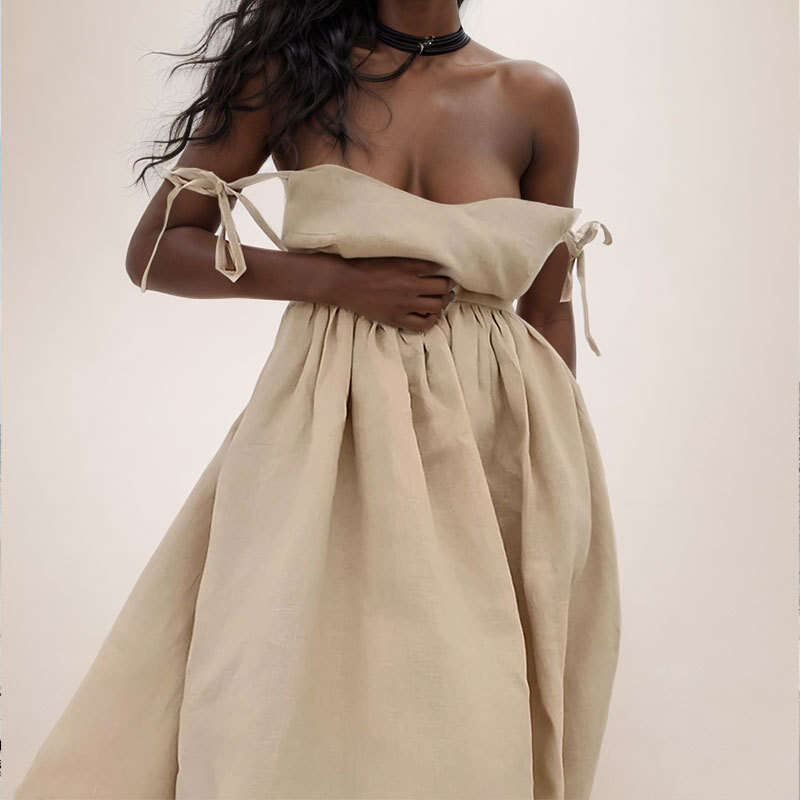 Women's Backless Elegant Mori Style Sexy V-Neck High Waist Fashion Spaghetti Strap Dress B5