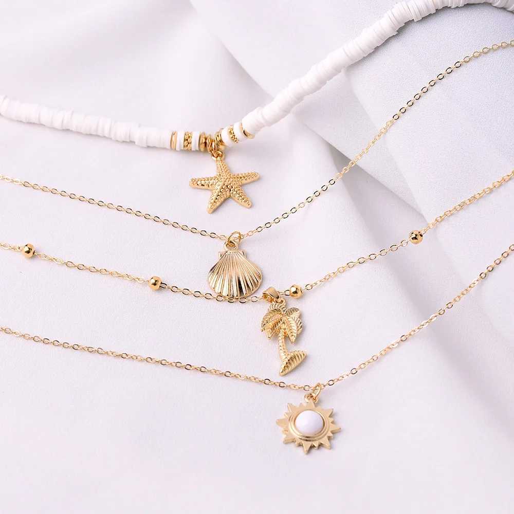 Fashion New Bohemia Soft Clay Shell Star Sun Pendant Chain Layered Necklace for Women Girls Summer Beach Simple Layered Necklace XJ250604