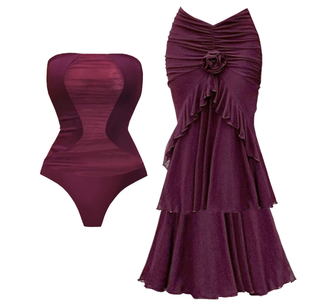 2025 2PC High Quality Tube Top 3D Flower One Piece Swimsuit And Skirt Retro red Women Bikini Set Swimwear Bathing Suit 250603