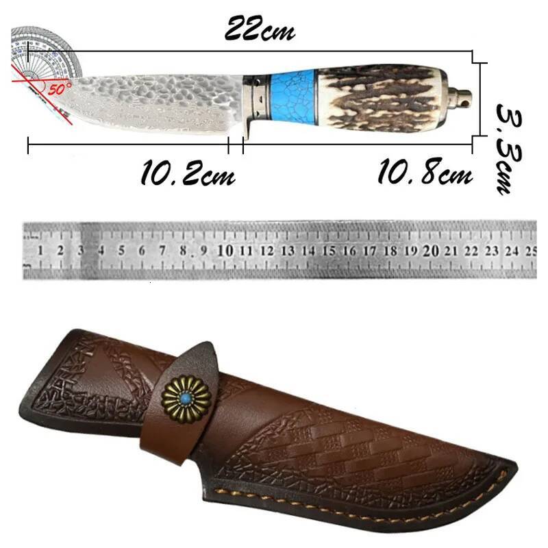 Household Damascus steel Sharp Blade Kitchen Deer Antlers + Turquoise Handle Fixed Knife Hand Tools Outdoor Camping