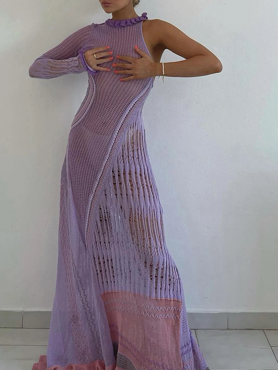 Women Sexy Y2k One Shoulder Long Sleeve Crochet Knit Long Dress Summer Beach See Through Party Grunge Club Cover Up Outfits 250604