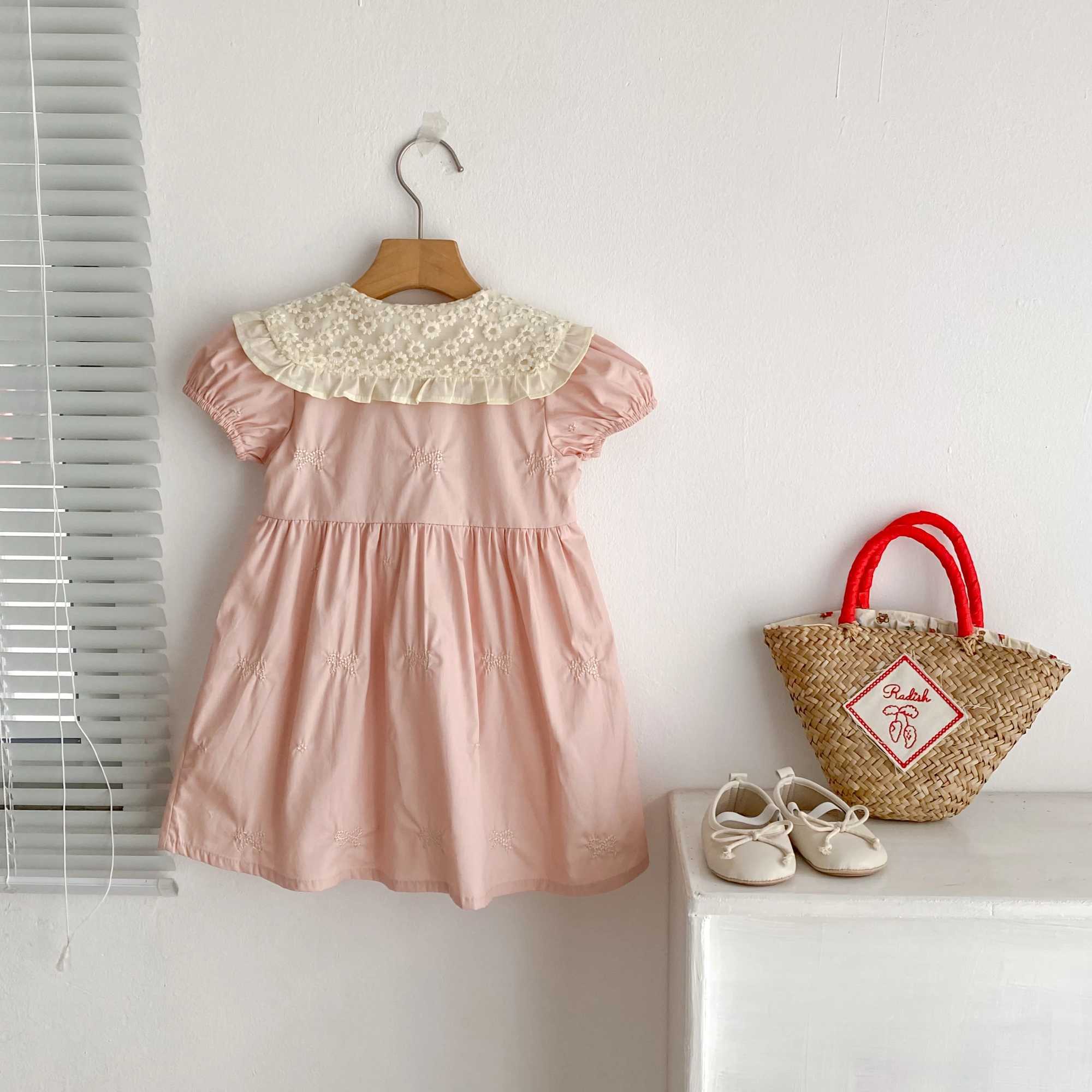 2025 Summer Baby Girl Dress Pink Baby Girl Clothing Lace Collar Cotton Princess Dress Embroidery Bow Toddler Baby Girls Dress R250530