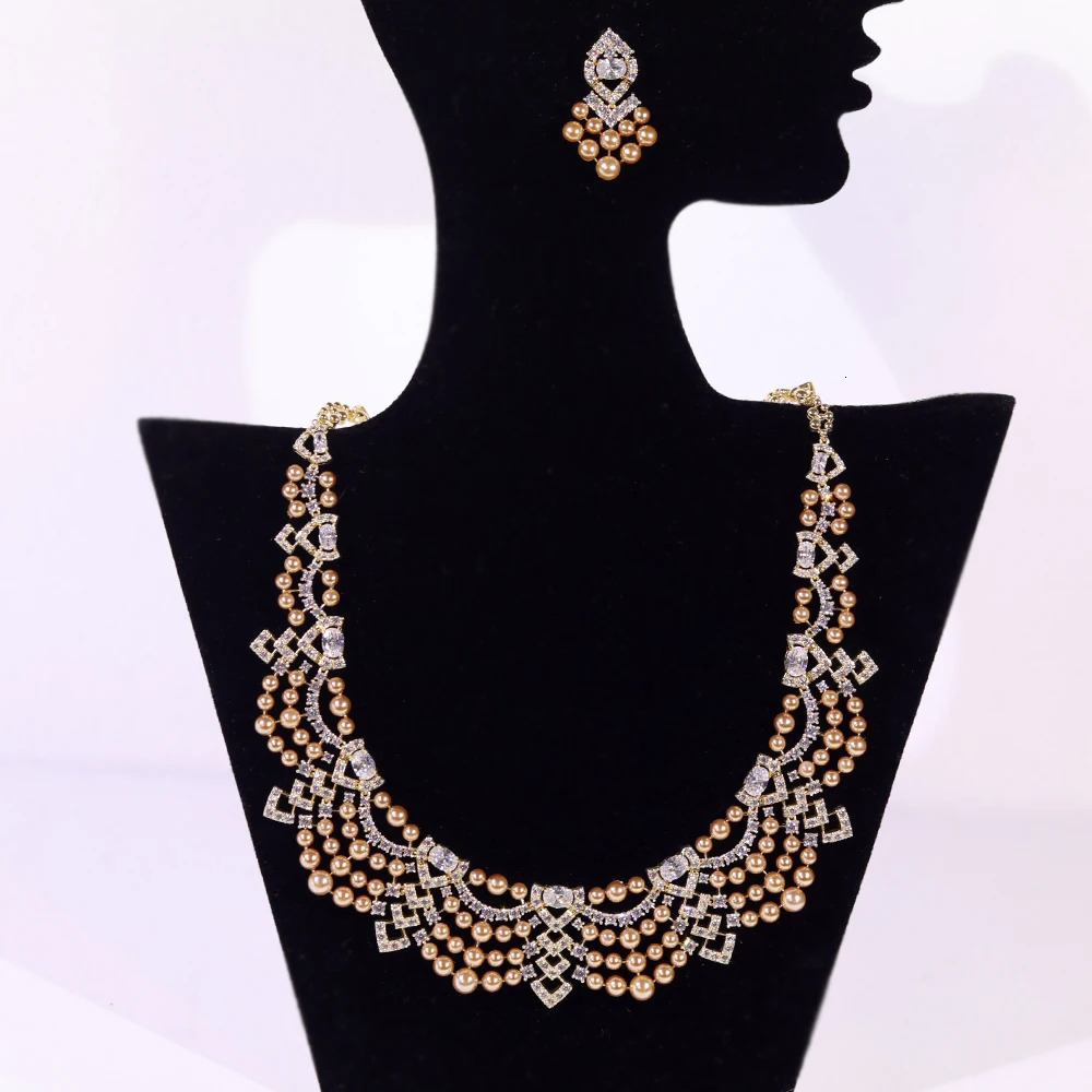 Crystal Zircon Circular Shape golden Pearl Necklace Women Dubai Bridal Wedding Birthday Party Indian Jewelry Set Gift 250530