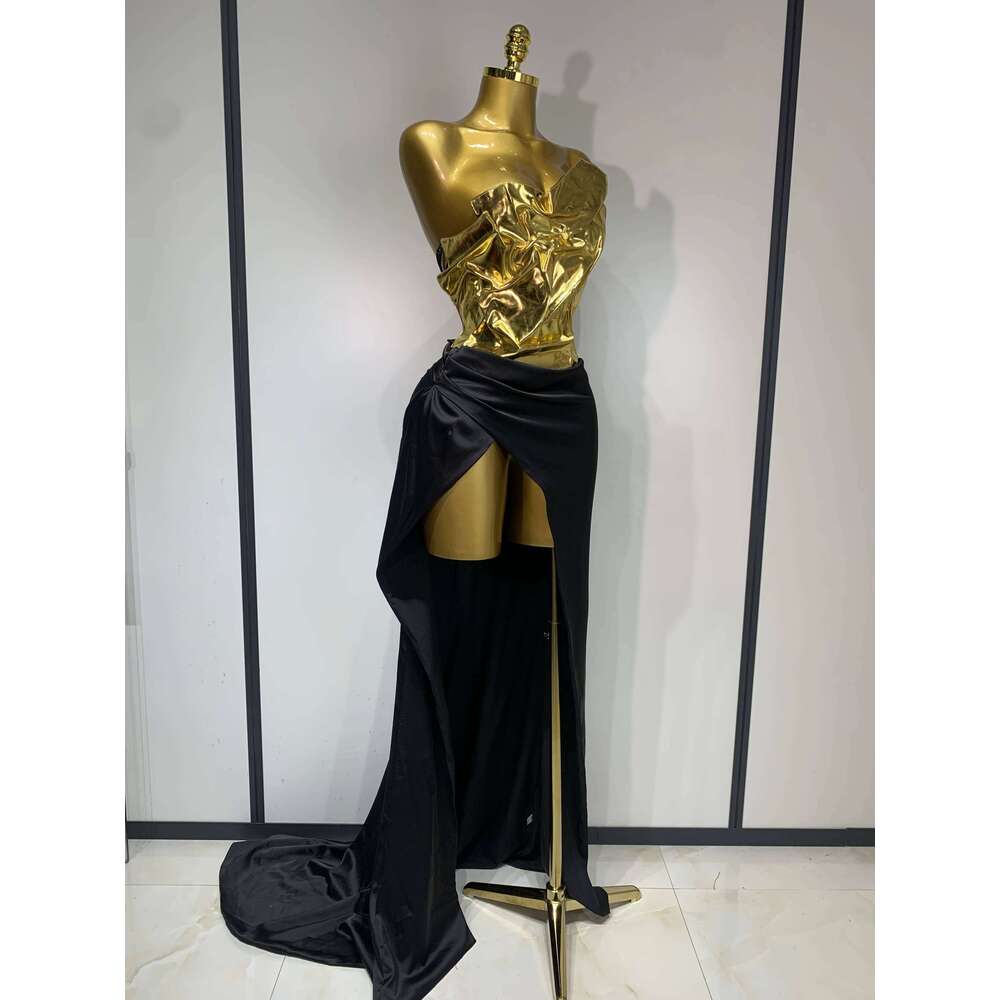 2025 New Arrival Women Gold Color Sexy Laced-Up Tops 2 Pieces Set Long Celebrate Evening Party Celebrity Elegant Dress