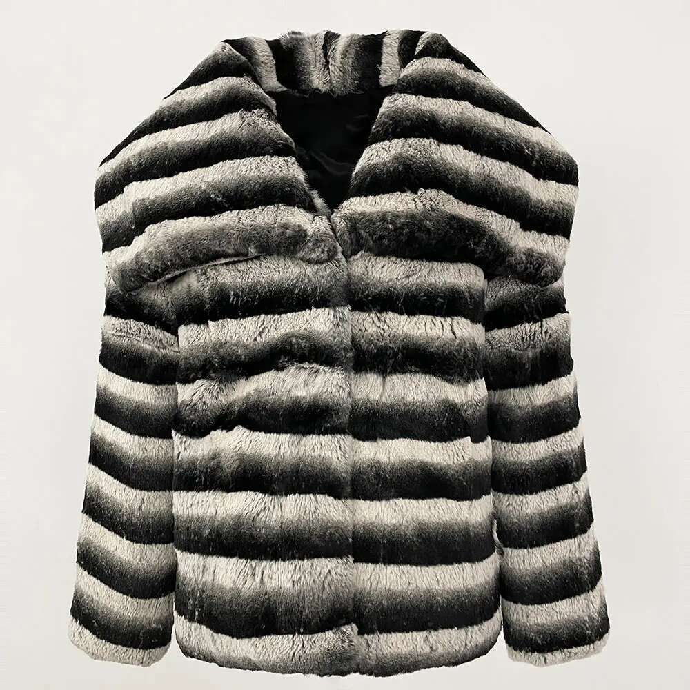 MENINA 2025 New Real Natural Rabbit Long Fur Stripe Winter Jacket Women Thick Warm Elegant Outerwear Streetwear Loose Coat