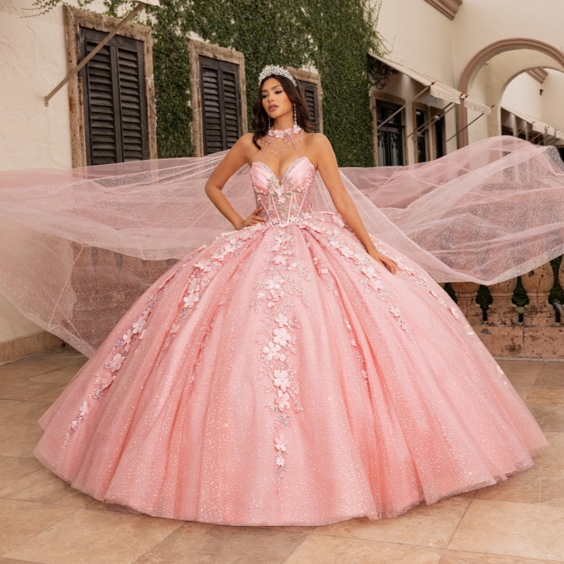 Pink Shiny Quinceanera Dresses Ball Gown Applique Flower Beads Bow With Cape Tull Party Birthday Sweet 16 Vestidos De XV 15 Anos