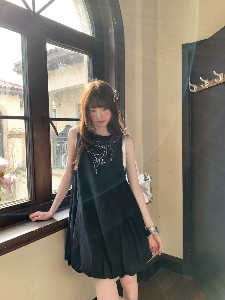 Sweet black flower bud bow dress, summer simple, cute, playful, loose and slim fit dress for women