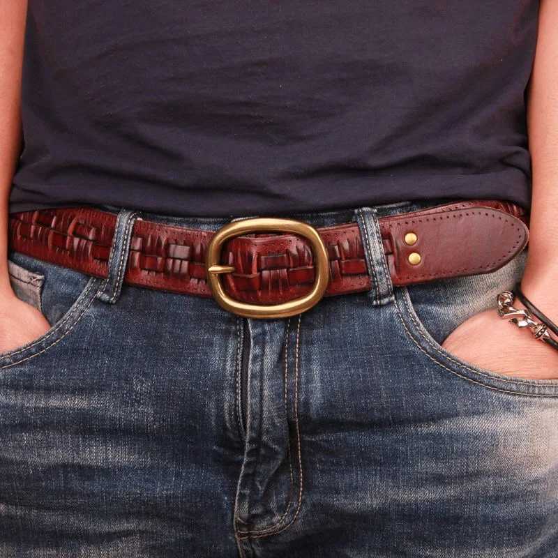 Vintage Luxury Handmade Leather Weave Copper Buckle Mens Belt Cowhide Retro All-match Casual Jeans Soft Belt W250604