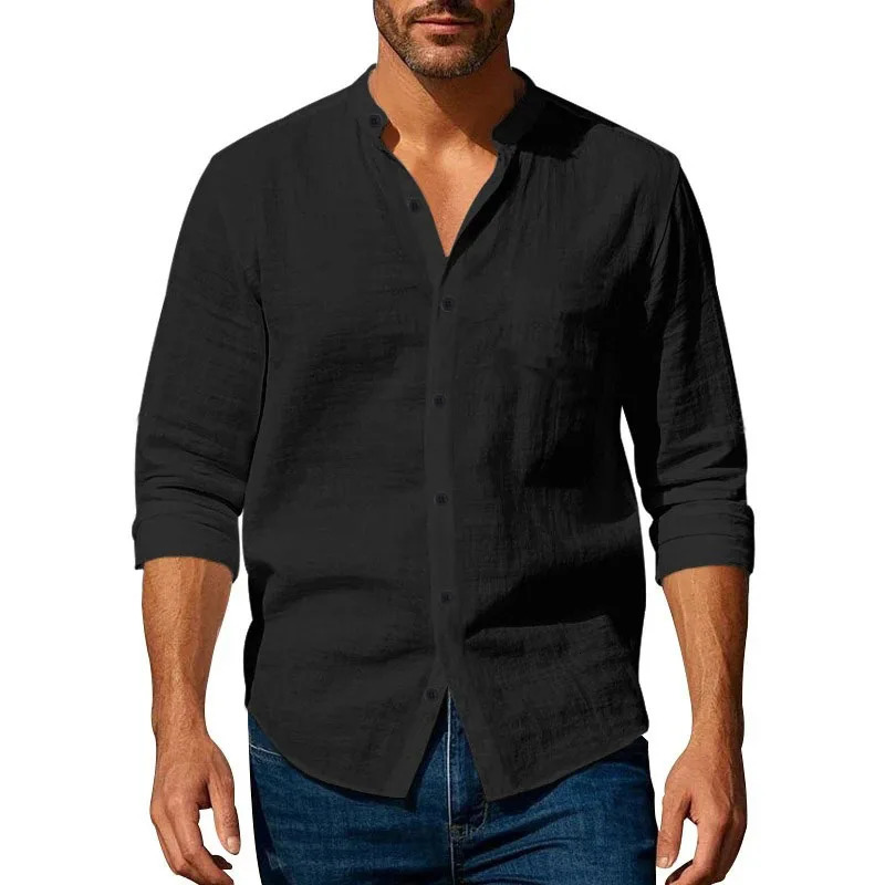 Cotton Linen Shirt for Men Henley Neck Solid Color Lightweight Breathable Slim Fit Single Breasted Shirt Long Sleeve Button Up 250604