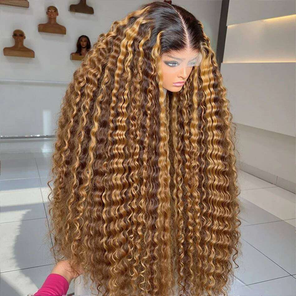 230 Density 4/27 Highlight Ombre Deep HD Front Wigs Curly 30 40 Inch Brown 13x6 Lace Frontal Human Hair Wig Water Wave