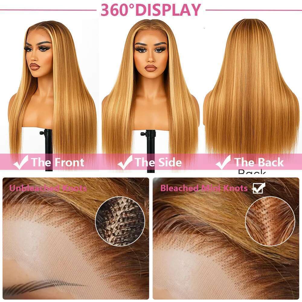 P4/27 Highlight Bone Straight 13x4 HD Lace Frontal Wigs Brazilian Ombre Honey Blonde Colored Human Hair Wig For Women