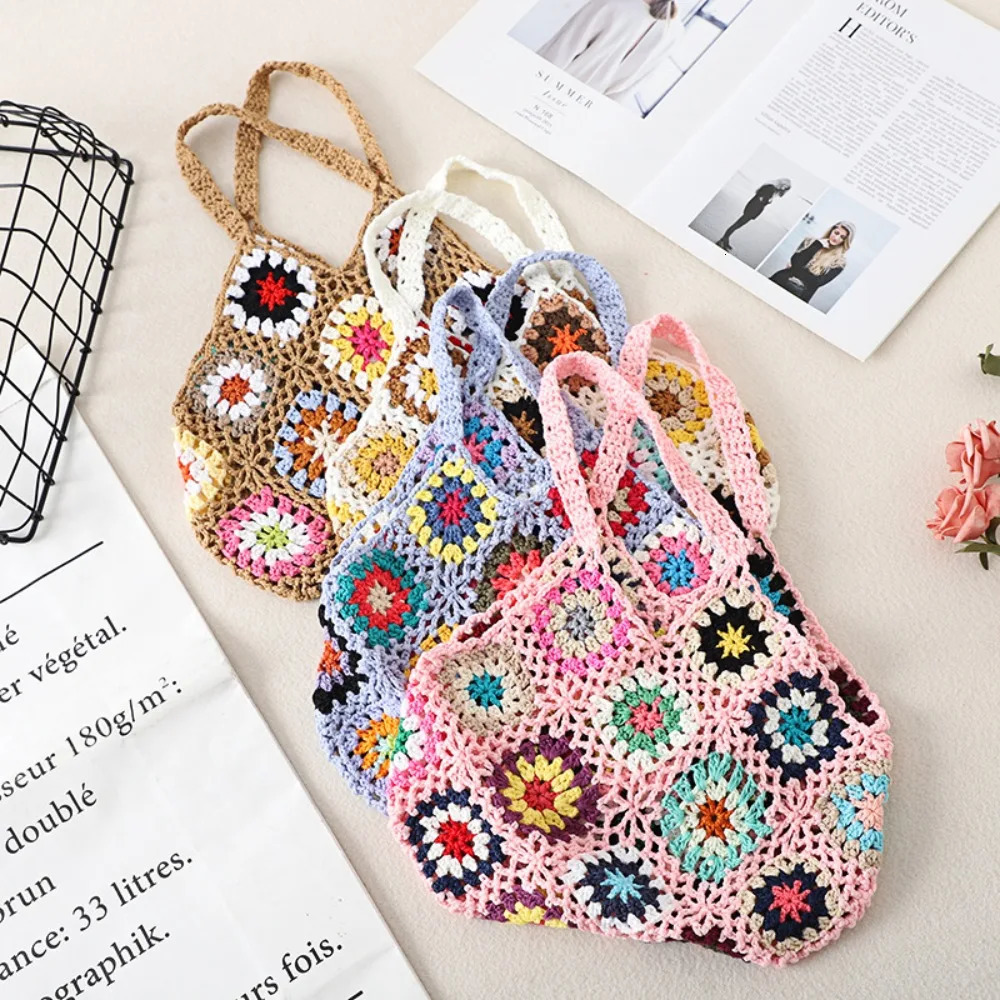 Large Capacity Fashion Cut-out Boho Tote Bag Trendy Floral Crochet Handmade Knitted Bag Vintage Multicolor Hollow Out Handbag 250603