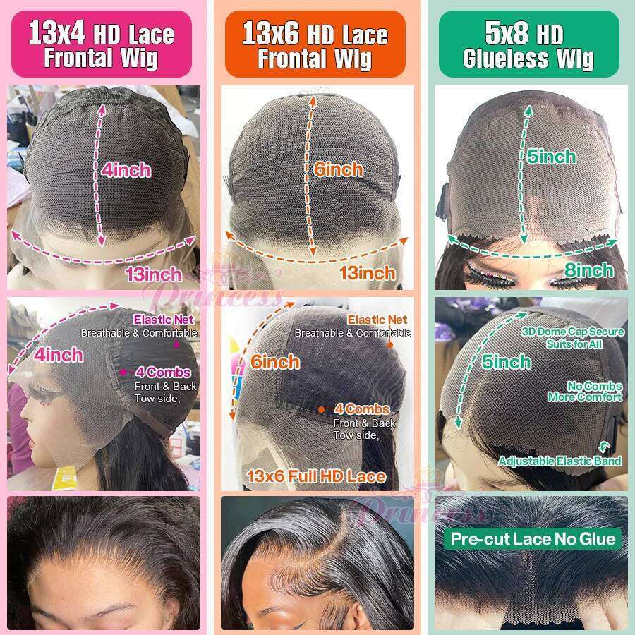 Princess 13x6 13x4 HD lace Frontal Preplucked Glueless Wig Ready to Wear Straight Human Hair Wigs for Women