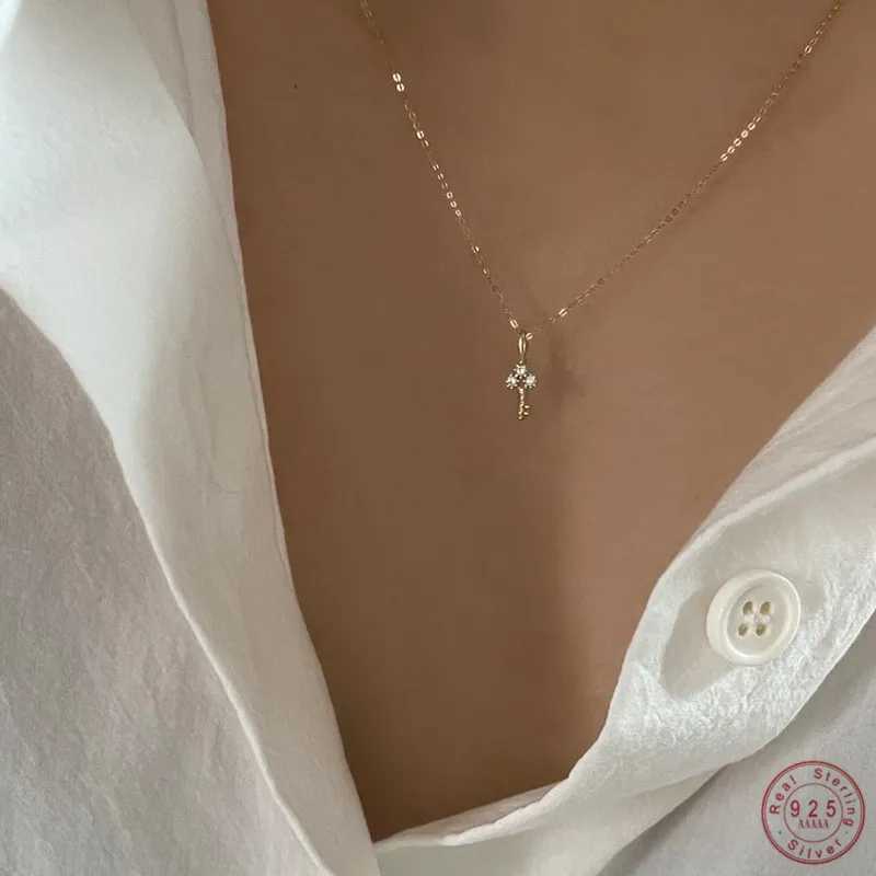 S925 Sterling Silver Plated 14K Gold Necklace for Women Zircon Key Light Luxury Mini Clavicle Chain XJ250604